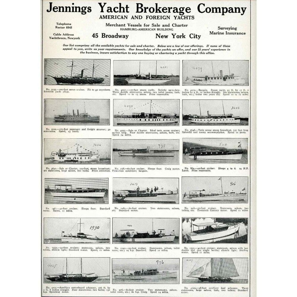 1915 Print Ad Jennings Yacht Brokerage Co Cruiser Steam Houseboat Schooner FAB!
